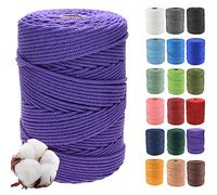Klhamky 3mm×500m Macrame Cotton Cord, Soft 4 Strand Twisted 100% Natural Cotton for Handmade Wall Hanging, DIY, Craft Making, Knitting, Plant Hangers, Decorative Projects (3mm×500m, Dark Purple)