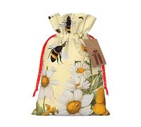 KLHNMFGR Rural Bees Flowers Christmas Gift Bag With Drawstring Closure & Cards Extra Large Santa Sack For Festive Treats
