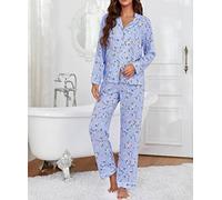 KLIAN Female Pajamas,Women'S Pyjama Set Winter Ladies Pyjamas Thin Floral Printing Long Sleeve Sleepwear Set Button Down Cardigan & Pyjama Bottoms Soft Pjs Set Loungewear(Blue),S