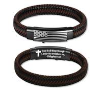 KLIFOWDY American Flag Leather Bracelet for Men Bible Verse Bracelets Cross Bracelet Christian Jewelry Gift for Men, First Communion, no gemstone