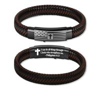 KLIFOWDY American Flag Leather Bracelet for Men Bible Verse Bracelets Cross Bracelet Christian Jewelry Gift for Men, Isaiah 41:10, no gemstone