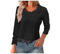 Klijuiaup Lace Long Sleeve Tops for Women UK Full Lace Crochet Crewneck T Shirts Blouse Tunic Tops Ladies Slim Fit Elegant Business Office Tops Black