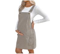 Klijuiaup Maternity Dungaree Dress for Women Adjustable Strap Gingham Pinafore Mini Dress with Pockets Nursing Friendly & Casual Square Neck Summer Outfit Khaki