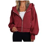 Klijuiaup Womens Cropped Hoodie Jackets Oversized Lightweight Zip Up Plain Color Jacket Ladies Autumn Drawstring Workout Sport Jacket with Pockets Red