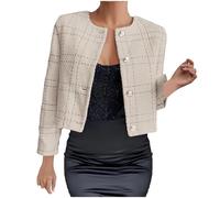 Klijuiaup Women's Tweed Cropped Blazer Jacket Plaid Pattern Round Neck Single Breasted Business Blazer Autumn Winter Ladies Open Front Work Office Coat Khaki