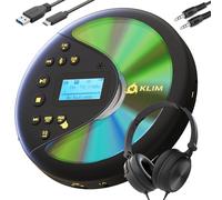 KLIM Discover with Headphones - Portable CD Player with Long-Lasting Battery - New - Radio FM - Compatible MP3 CD Player Portable - SD Card, FM Transmitter, Bluetooth - Ideal for Cars - Black/Gold