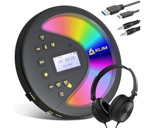 KLIM Discover with Headphones - Portable CD Player with Long-Lasting Battery - New - Radio FM - Compatible MP3 CD Player Portable - SD Card, FM Transmitter, Bluetooth - Ideal for Cars - Black/Gold