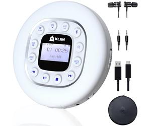 KLIM Journey - Portable CD Player with Long-Lasting Battery - New - w/Headphones - Radio FM - Compatible MP3 CD Player - SD Card, FM Transmitter, Bluetooth - Ideal for Cars - White