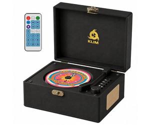 KLIM RETRO CD PLAYER - Vintage Style CD Player with Speakers, Bluetooth Receiver, AUX, USB, Rechargeable Battery, Mini Record Player Look, Small Cute CD Music Box for Home Decor - Black