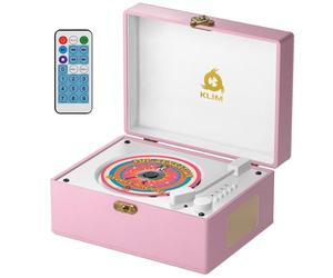 KLIM RETRO CD PLAYER - Vintage Style CD Player with Speakers, Bluetooth Receiver, AUX, USB, Rechargeable Battery, Mini Record Player Look, Small Cute CD Music Box for Home Decor - Pink