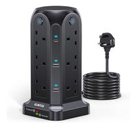 KLINTOS Tower Extension Lead 2M, 12 Way, 6 USB, 4 Independent Switches | Multi plug extension with 2 USB-C and 4 USB-A ports, 1400J surge protection and 13A 3250W for home, office and desktop use