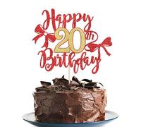 Klionjor Red Gold Bowknot Happy 20th birthday Cake Topper- Cheers to 20 Years,20 & Fabulous/Hello 20th Birthday Anniversary Party Cake Decorations Supplie