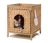 Klippehop Cat Litter Box Enclosure with Elevated Metal Base, Handwoven Rattan House Hidden Cat Litter Tray Furniture with 2 Mats & S Hooks, Detachable Standing Pet Cabinet, 47x52x59 cm, Natural