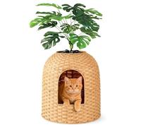 Klippehop Cat Litter Box Hidden Plant Enclosure, Handwoven PE Rattan Cat Bed Cave House, Wicker Cats Toilet Furniture for Indoor Corner Living Room Bedroom Balcony, Arch Door