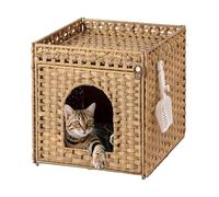 Klippehop Large Indoor Cat Litter Box Enclosure, Modern Handwoven Rattan Cat House Hidden Cat Litter Tray Furniture with Mat & S Hooks, Enclosed Cat Cabinet Storage Side Table, 47x52x48.5 cm, Natural