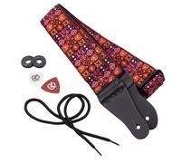 KLIQ Vintage Woven Guitar Strap for Acoustic and Electric Guitars + 2 Rubber Strap Locks, 2 Guitar Picks and 1 Lace | '60s Jacquard Weave Hootenanny Style | Woodstock Red