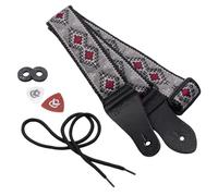 KLIQ Vintage Woven Guitar Strap for Acoustic and Electric Guitars + 2 Rubber Strap Locks, 2 Guitar Picks and 1 Lace | '60s Jacquard Weave Hootenanny Style | Native, Navajo Gray/Burgundy
