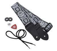 KLIQ Vintage Woven Guitar Strap for Acoustic and Electric Guitars | '60s Jacquard Weave Hootenanny Style | 2 Rubber Strap Locks Included (Flower, Black and Silver Sunburst)