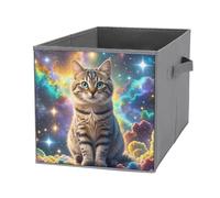 KLJHNVBM 1PCS Foldable Storage Cubes 10.6 Inch, Oxford Fabric Collapsible Storage Bins with Handles, Square Cat Sitting Inside Nebula Organizer Boxes for Closet Shelves, Toys, Clothes