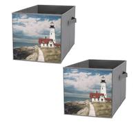 KLJHNVBM 2PCS Foldable Storage Cubes 10.6 Inch, Oxford Fabric Collapsible Storage Bins with Handles, Square Lighthouse Backdrop Organizer Boxes for Closet Shelves, Toys, Clothes