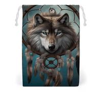 KLJHNVBM 3D Wolf Dream Catcher Gift Bag, 12 * 18cm Double-Sided Print Canvas Drawstring Bag - Reusable Multi-Purpose Storage Sack for Travel, Snacks & Jewelry