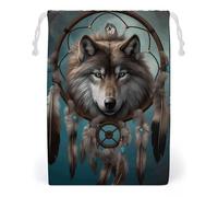 KLJHNVBM 3D Wolf Dream Catcher Gift Bag, 20 * 25cm Double-Sided Print Canvas Drawstring Bag - Reusable Multi-Purpose Storage Sack for Travel, Snacks & Jewelry