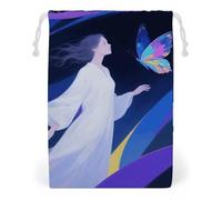 KLJHNVBM Abstract Woman Blue Butterfly Gift Bag, 12 * 18cm Double-Sided Print Canvas Drawstring Bag - Reusable Multi-Purpose Storage Sack for Travel, Snacks & Jewelry
