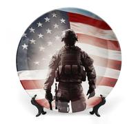 KLJHNVBM American Flag Soldier Bone China Decorative Plate 6inch Ceramic Decorative Plate with Display Stand Art Porcelain Plates Wall Hanging Bone China Dish for Home Office Wall Decor