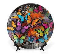 KLJHNVBM Art Graffiti Butterflies Print Bone China Decorative Plate 10inch Ceramic Decorative Plate with Display Stand Art Porcelain Plates Wall Hanging Bone China Dish for Home Office Wall Decor