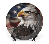 KLJHNVBM Bald Eagle US Flag Pictures Bone China Decorative Plate 8inch Ceramic Decorative Plate with Display Stand Art Porcelain Plates Wall Hanging Bone China Dish for Home Office Wall Decor