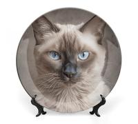 KLJHNVBM Beautiful Siamese Cat Bone China Decorative Plate 7inch Ceramic Decorative Plate with Display Stand Art Porcelain Plates Wall Hanging Bone China Dish for Home Office Wall Decor