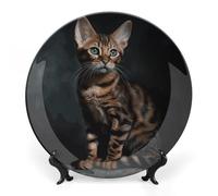 KLJHNVBM Bengal Cat Bone China Decorative Plate 6inch Ceramic Decorative Plate with Display Stand Art Porcelain Plates Wall Hanging Bone China Dish for Home Office Wall Decor