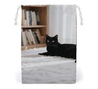 KLJHNVBM Black Cat Gift Bag, 12 * 18cm Double-Sided Print Canvas Drawstring Bag - Reusable Multi-Purpose Storage Sack for Travel, Snacks & Jewelry