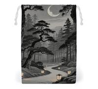 KLJHNVBM Black Forest Japanese Moon Gift Bag, 12 * 18cm Double-Sided Print Canvas Drawstring Bag - Reusable Multi-Purpose Storage Sack for Travel, Snacks & Jewelry