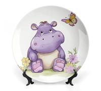 KLJHNVBM Butterfly And Hippo Bone China Decorative Plate 8inch Ceramic Decorative Plate with Display Stand Art Porcelain Plates Wall Hanging Bone China Dish for Home Office Wall Decor