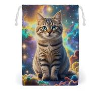 KLJHNVBM Cat Sitting Inside Nebula Gift Bag, 20 * 25cm Double-Sided Print Canvas Drawstring Bag - Reusable Multi-Purpose Storage Sack for Travel, Snacks & Jewelry