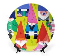 KLJHNVBM Colorful Gnomes Bone China Decorative Plate 7inch Ceramic Decorative Plate with Display Stand Art Porcelain Plates Wall Hanging Bone China Dish for Home Office Wall Decor