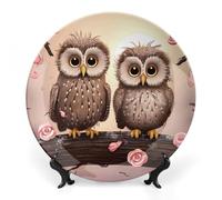 KLJHNVBM Cute Owls Bone China Decorative Plate 6inch Ceramic Decorative Plate with Display Stand Art Porcelain Plates Wall Hanging Bone China Dish for Home Office Wall Decor