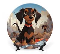 KLJHNVBM Dog Dachshunds Bone China Decorative Plate 7inch Ceramic Decorative Plate with Display Stand Art Porcelain Plates Wall Hanging Bone China Dish for Home Office Wall Decor