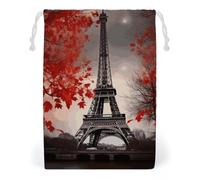 KLJHNVBM Eiffel Tower Autumn Leaves Gift Bag, 20 * 25cm Double-Sided Print Canvas Drawstring Bag - Reusable Multi-Purpose Storage Sack for Travel, Snacks & Jewelry