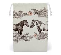 KLJHNVBM Flowers And Horses Hand Drawn Gift Bag, 12 * 18cm Double-Sided Print Canvas Drawstring Bag - Reusable Multi-Purpose Storage Sack for Travel, Snacks & Jewelry
