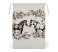 KLJHNVBM Flowers And Horses Hand Drawn Gift Bag, 20 * 25cm Double-Sided Print Canvas Drawstring Bag - Reusable Multi-Purpose Storage Sack for Travel, Snacks & Jewelry