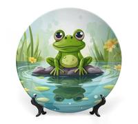 KLJHNVBM Frog In A Pond Bone China Decorative Plate 10inch Ceramic Decorative Plate with Display Stand Art Porcelain Plates Wall Hanging Bone China Dish for Home Office Wall Decor