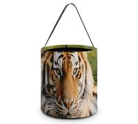 KLJHNVBM Halloween Candy Tote Bag Reusable, Durable Polyester Treat Bag, Tiger Laying on The Grass Trick Or Treat Bucket for Halloween Party & Gifts