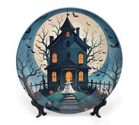 KLJHNVBM Haunted House Tree Witch Halloween Bone China Decorative Plate 7inch Ceramic Decorative Plate with Display Stand Art Porcelain Plates Wall Hanging Bone China Dish for Home Office Wall Decor