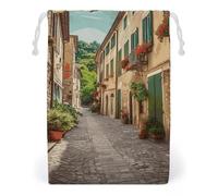 KLJHNVBM Italy Street Gift Bag, 12 * 18cm Double-Sided Print Canvas Drawstring Bag - Reusable Multi-Purpose Storage Sack for Travel, Snacks & Jewelry