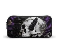 KLJHNVBM Large Capacity Pencil Case Aesthetic Mini Makeup Bag & Travel Organizer with Durable Metal Zipper, Black Floral Skull Pencil Pouch for Office, Travel (8.7x4.7x2 Inches)