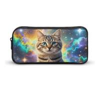 KLJHNVBM Large Capacity Pencil Case Aesthetic Mini Makeup Bag & Travel Organizer with Durable Metal Zipper, Cat Sitting Inside Nebula Pencil Pouch for Office, Travel (8.7x4.7x2 Inches)