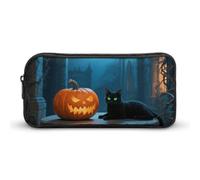 KLJHNVBM Large Capacity Pencil Case Aesthetic Mini Makeup Bag & Travel Organizer with Durable Metal Zipper, Pumpkin And Black Cat Pencil Pouch for Office, Travel (8.7x4.7x2 Inches)