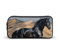 KLJHNVBM Large Capacity Pencil Case Aesthetic Mini Makeup Bag & Travel Organizer with Durable Metal Zipper, Black Arabian Horse Pencil Pouch for Office, Travel (8.7x4.7x2 Inches)